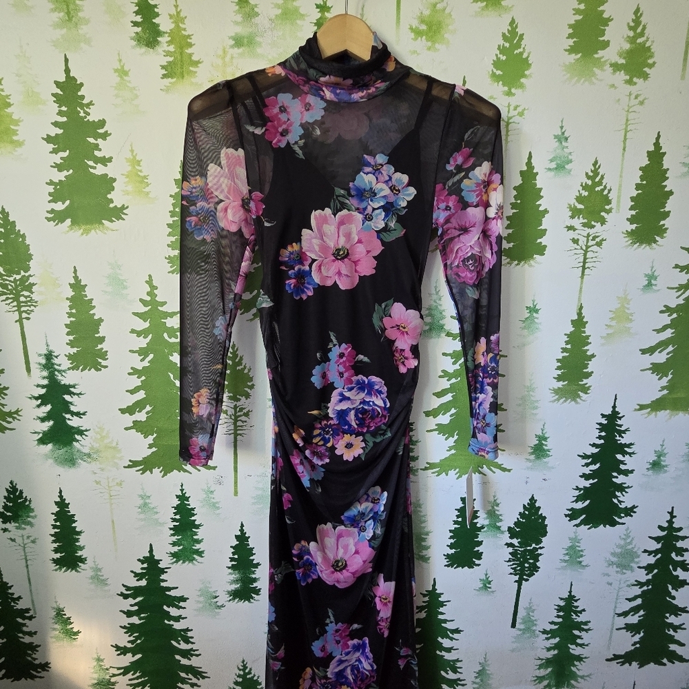 Motherhood Black Sheer Floral Long-Sleeve Maxi Turtleneck Maternity Dress